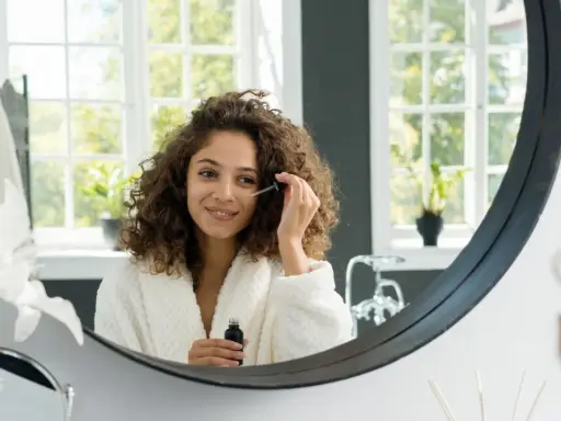 Frau mit lockigem Haar trägt ein Serum auf, um die Vitamin C Haut Wirkung zu erzielen. Sie lächelt im Spiegel.