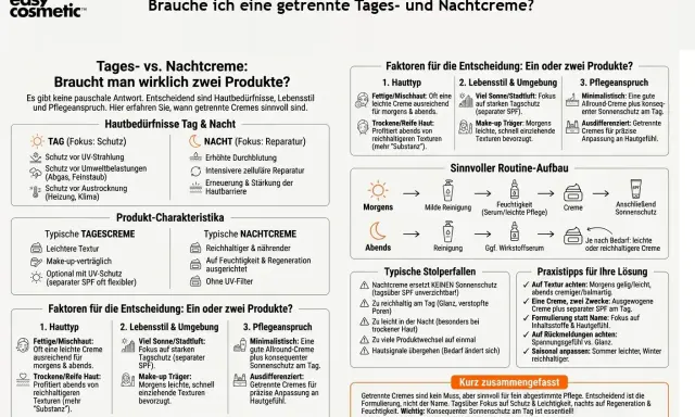 Die Grafik erklärt die Unterschiede zwischen Tages- und Nachtcreme. Eine gute gesichtspflege routine berücksichtigt Hauttyp und Bedürfnisse.