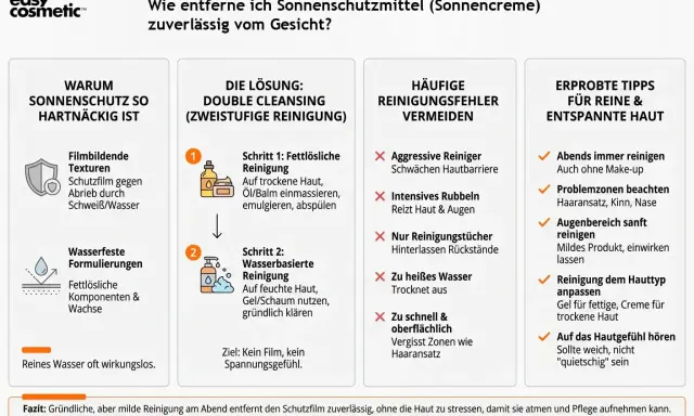 Sonnencreme muss man abwaschen. Die Grafik zeigt, warum Sonnenschutz hartnäckig ist und wie man ihn mit Double Cleansing entfernt.