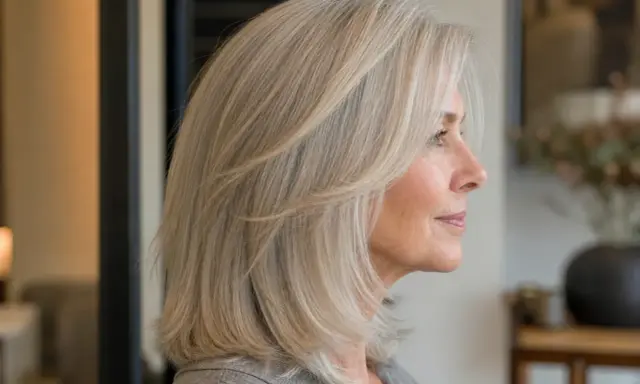 Frau mit blondem Haar, das einen Butterfly Cut trägt, ungestylt und natürlich fallend.