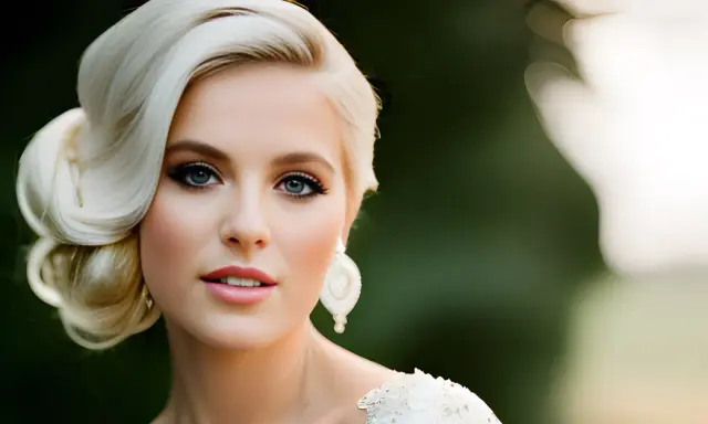 Eine Braut mit elegantem Haar und strahlendem Blick, die zeigt, wie man Braut Make-up selber machen kann.