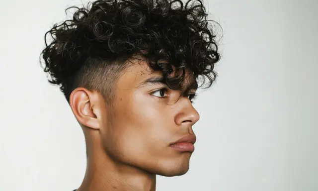 Ein junger Mann mit vollen, dunklen locken haare jungs. Sein Haar ist oben länger und lockig, während die Seiten kurz geschnitten sind.