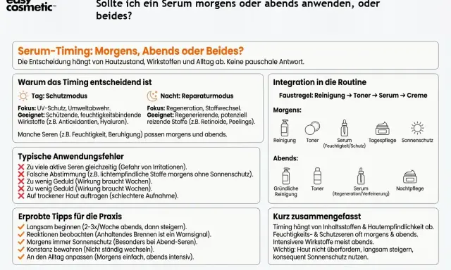 Hyaluron Serum morgens oder abends? Feuchtigkeits- und Schutzseren passen oft morgens und abends. Intensivere Wirkstoffe meist abends.