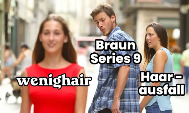 Mann schaut Frau mit "wenighair" an, während seine Freundin mit "Haarausfall" und dem Braun Series 9 Rasierer unzufrieden ist.