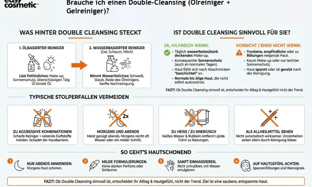Double Cleansing: Ölreiniger löst Fett, Wasserreiniger entfernt Wasserlösliches. Sinnvoll bei Make-up & Sonnenschutz. Vorsicht bei empfindlicher Haut.