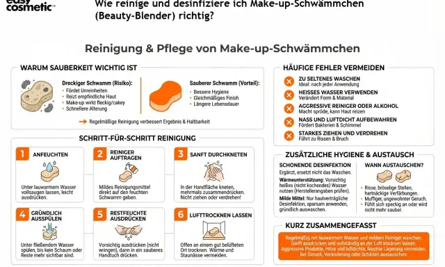 Schritt-für-Schritt-Anleitung: Make-up-Schwamm reinigen. Lauwarmes Wasser, mildes Mittel, sanft kneten, ausdrücken, lufttrocknen lassen.