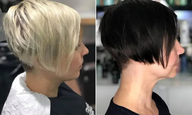 Zwei Frauen mit modernen kurzhaarfrisuren, einmal blond, einmal schwarz.