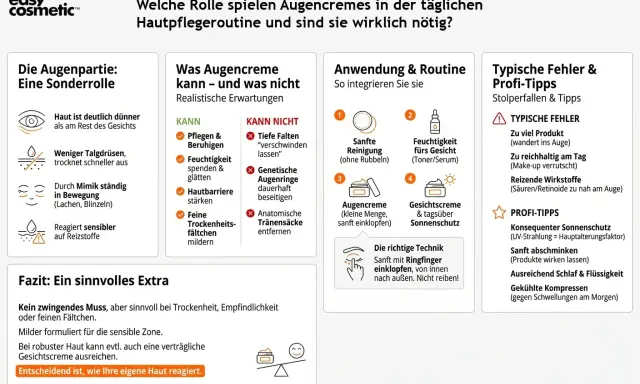Augencreme ist sinnvoll bei Trockenheit, Empfindlichkeit oder feinen Fältchen. Sie pflegt, beruhigt und stärkt die Hautbarriere. Die richtige Anwendung ist entscheidend.