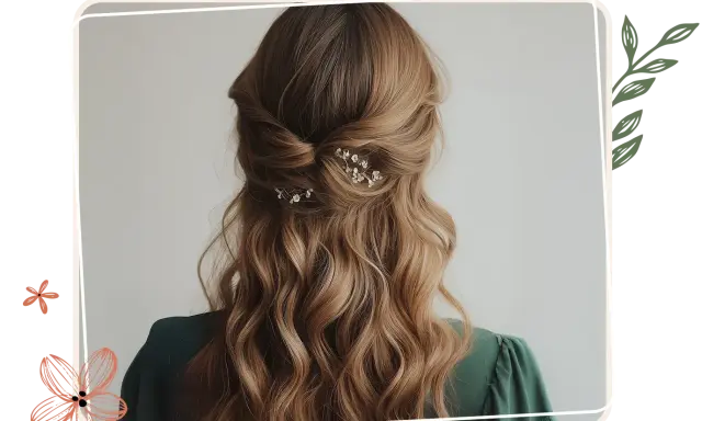 Elegante Frisur für Hochzeitsgäste: Halbhochgestecktes Haar mit sanften Wellen und zarten Blüten-Haarnadeln.