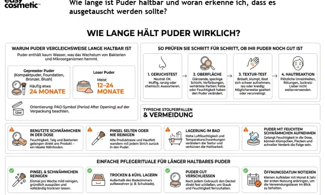 Puder ist lange haltbar, wenn es trocken gelagert wird. So erkennst du, ob die Haltbarkeit von Kosmetik abgelaufen ist.