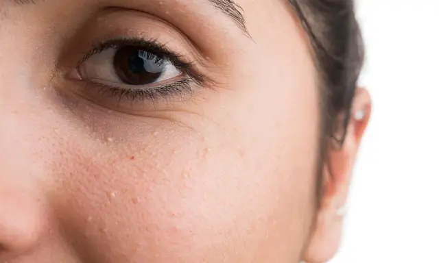 Nahaufnahme eines Gesichts mit sichtbaren Milien unter dem Auge.