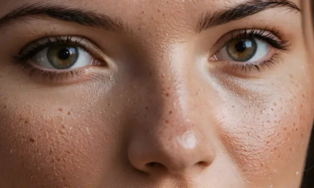 Nahaufnahme eines Gesichts mit Sommersprossen und sichtbaren Poren. Manche sagen, Milien gehen von alleine weg, aber diese Haut zeigt andere Spuren.