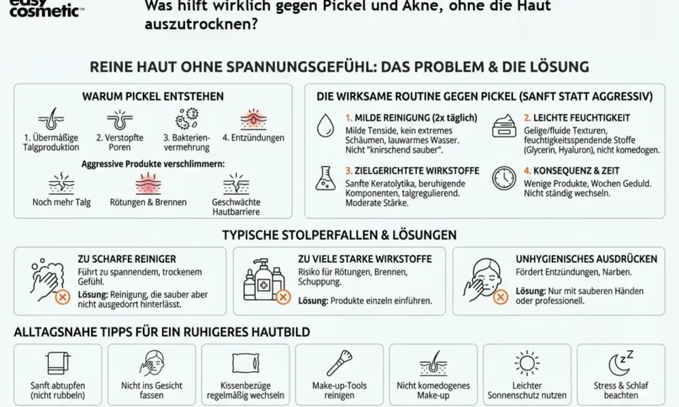 Sanfte Reinigung, leichte Feuchtigkeit und gezielte Wirkstoffe helfen gegen Pickel, ohne die Haut auszutrocknen. Vermeide aggressive Produkte und unhygienisches Ausdrücken.