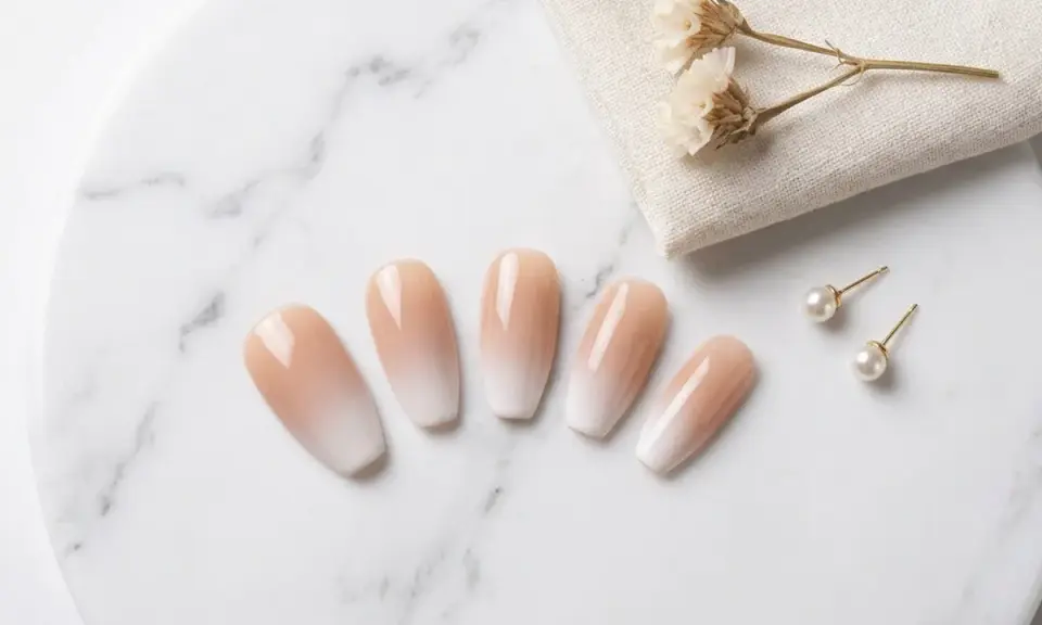 Fünf elegante Ombre-Nägel mit sanftem Farbverlauf von Nude zu Weiß, daneben Perlenohrstecker und getrocknete Blumen.