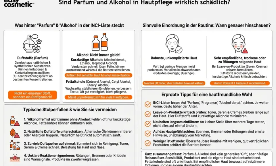 Alkohol denat. gut oder schlecht? Kurzkettige Alkohole können reizen, Fettalkohole sind oft unkritisch. Bei empfindlicher Haut auf reizarme Optionen achten.