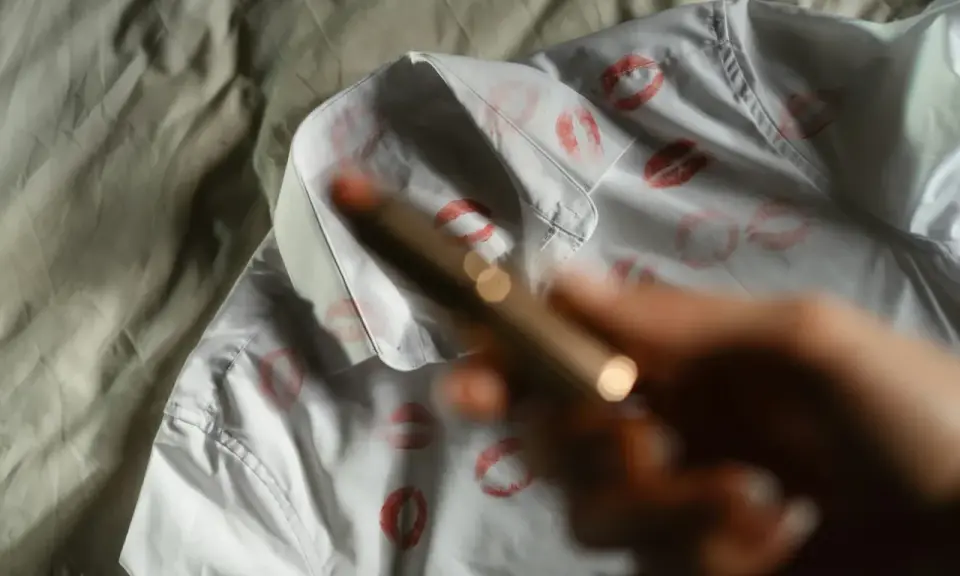 Ein weißes Hemd mit vielen roten Lippenstiftabdrücken. Eine Hand hält einen Lippenstift, um die Spuren zu entfernen.