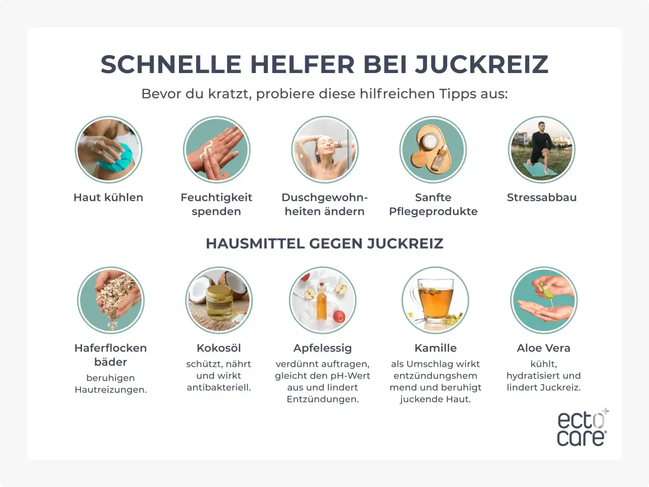 Hausmittel gegen Juckreiz: Haferflockenbäder, Kokosöl, Apfelessig, Kamille und Aloe Vera kühlen, nähren und beruhigen die Haut.