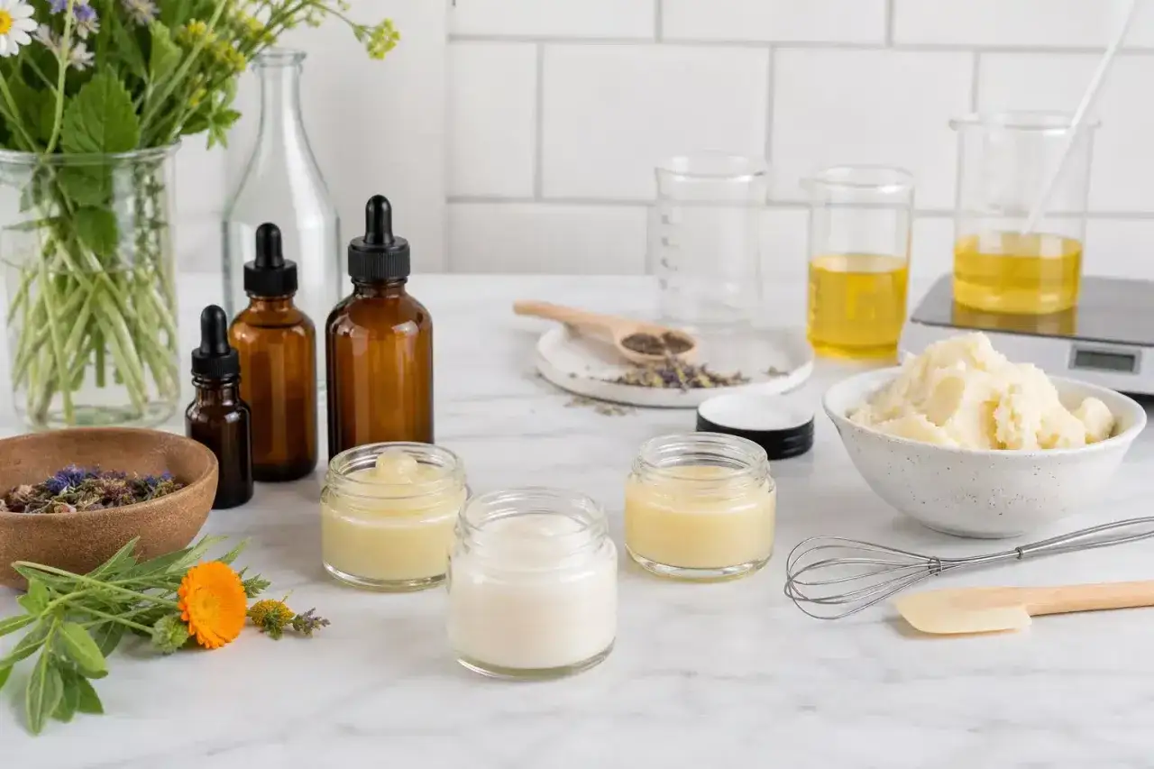 Zutaten f&uuml;r selbstgemachte Kosmetik: Kr&auml;uter, &Ouml;le, Glycerin in Creme mischen. Kleine Gl&auml;ser mit Cremes, R&uuml;hrbesen und Spatel.