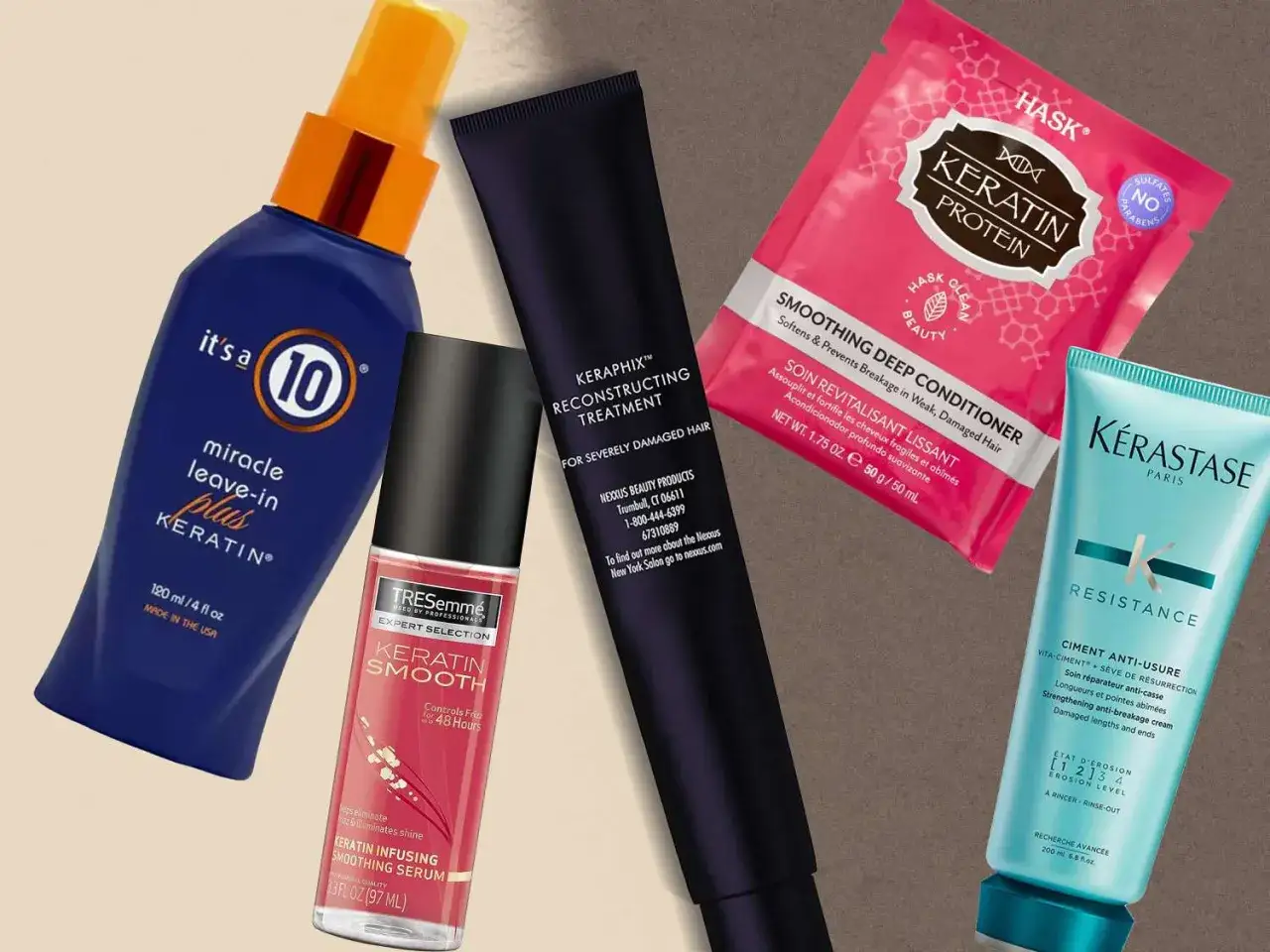 Produkte f&uuml;r glatte Haare: Keratin-Serum, Conditioner und Treatments, die strohige Haare nach Keratin-Behandlung gl&auml;tten.