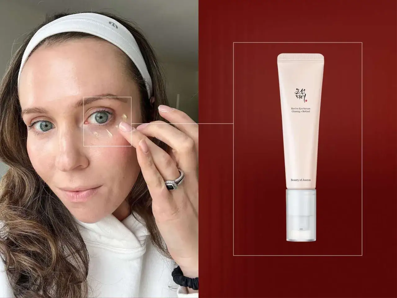 Frau tr&auml;gt Augencreme auf. Die Beauty of Joseon Revive Eye Serum Augencreme ist sinnvoll f&uuml;r jugendliche Haut.