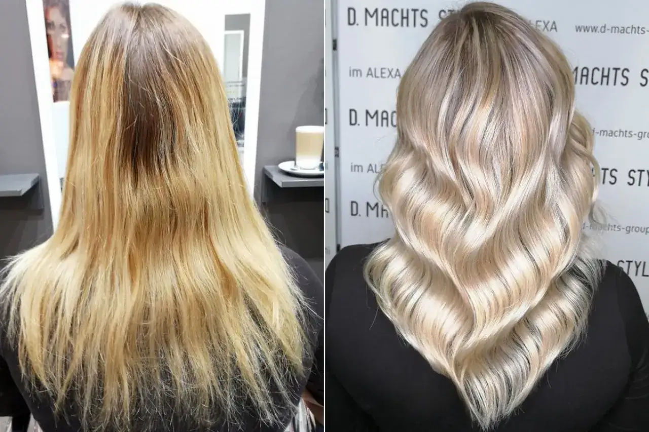 Vorher/Nachher: Blondierung mit Gelbstich korrigiert zu kühlem Blond.