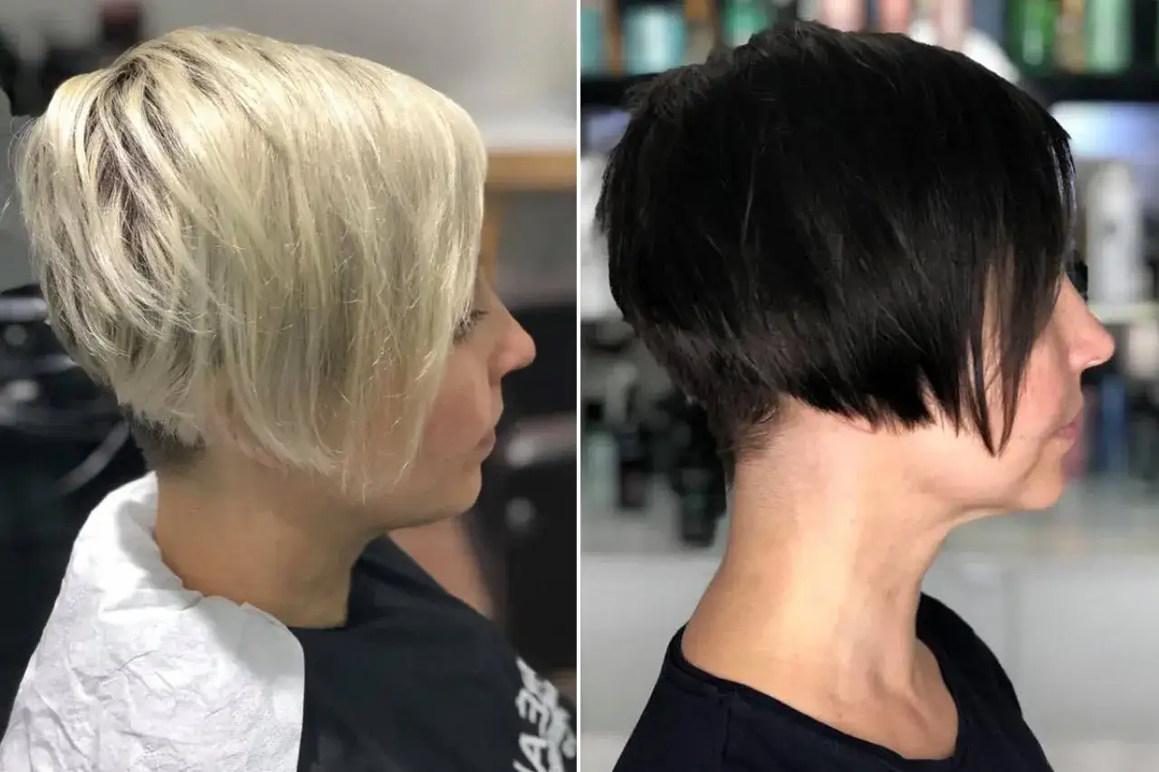 Zwei Frauen mit modernen kurzhaarfrisuren: eine mit blondem, die andere mit schwarzem Haar.