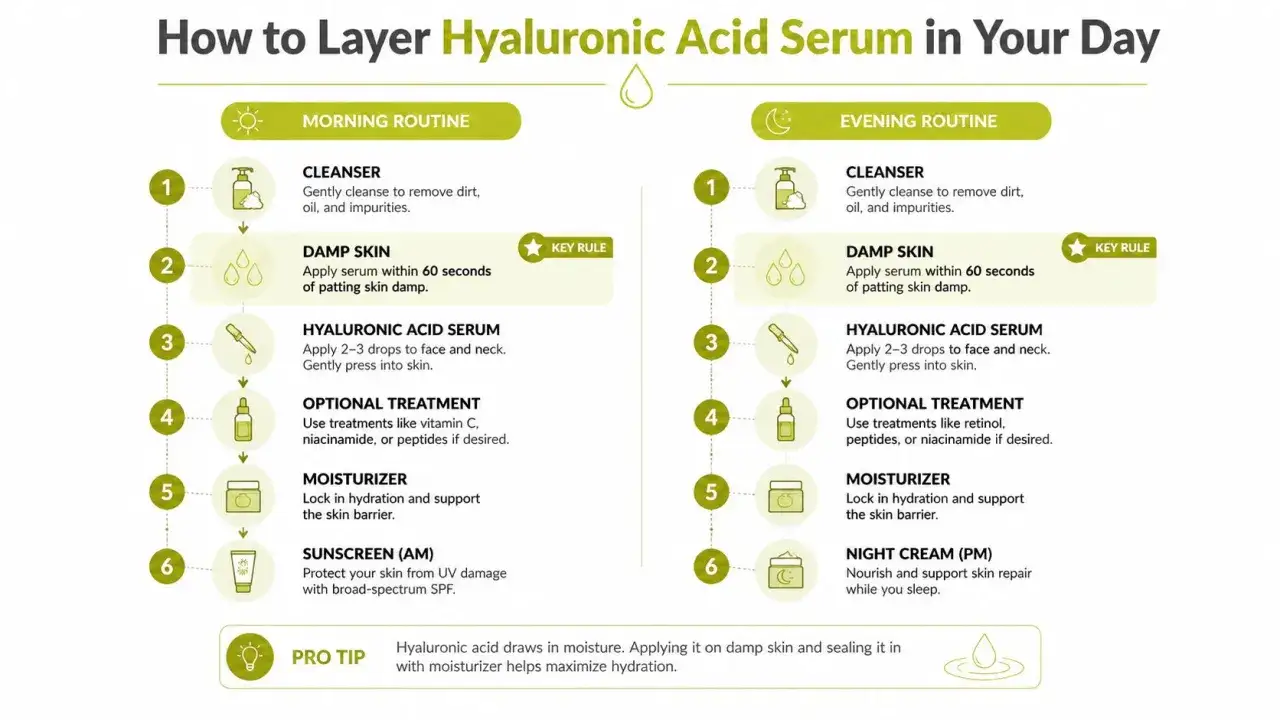 Morgen- und Abendroutine für Hyaluron Serum: Reinigen, Serum auf feuchte Haut auftragen, optional behandeln, Feuchtigkeit spenden.
