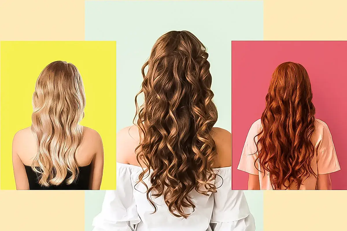 Drei Frauen mit wunderschönen, voluminösen Locken. Die mittlere zeigt eine aufwendige Frisur, die linke und rechte zeigen natürliche Wellen. Alles Looks für locken ohne hitze.