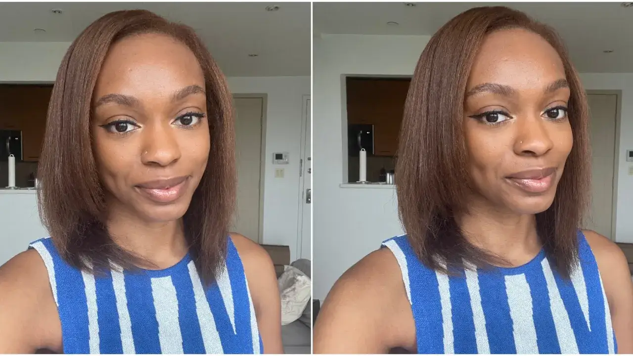 Frauenkopf mit braunem Haar, das glatt und glänzend ist, ohne Frizz. Sie trägt ein blau-weiß gestreiftes Oberteil.