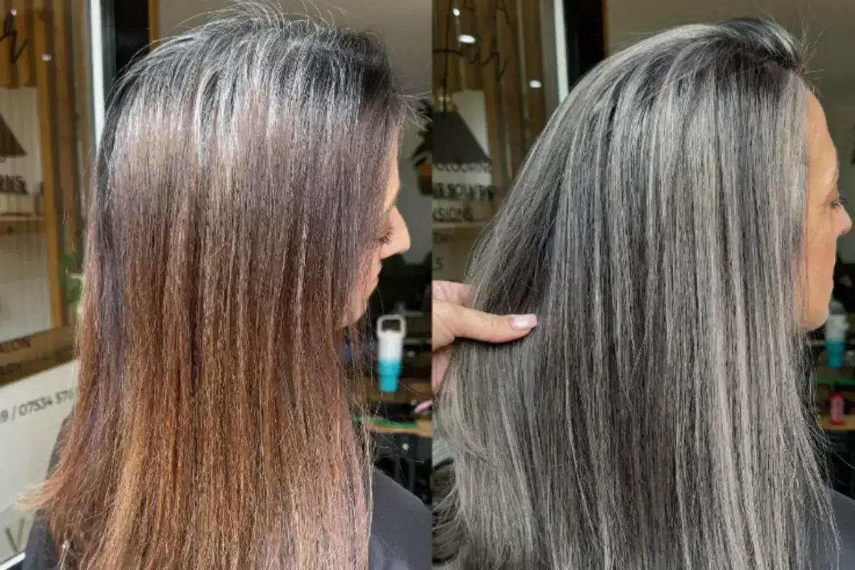 Vorher/Nachher-Vergleich: Dunkles Haar mit sichtbarem grauen Ansatz wird zu einem stilvollen Grau-Ton. Perfekt, um grauen Ansatz kaschieren.