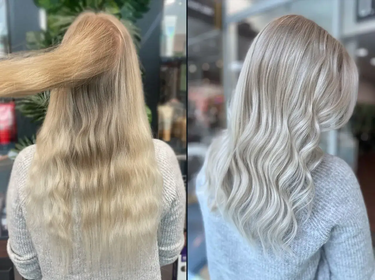Vorher: schlecht blondierte Haare, die stumpf und ungleichmäßig aussehen. Nachher: strahlendes, kühles Blond mit seidigem Glanz.