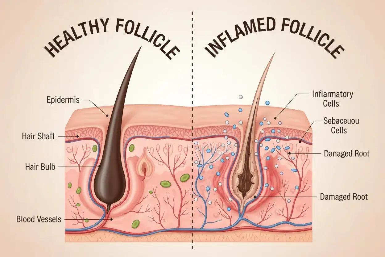 Vergleich: gesunde vs. entzündete Haarfollikel. Entzündete Follikel zeigen Pickel auf der Kopfhaut durch Entzündungszellen und verstopfte Talgdrüsen.