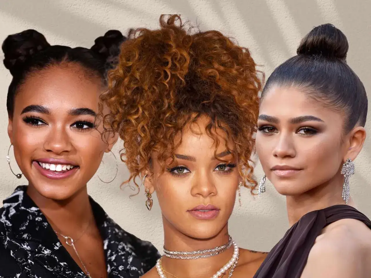 Drei Frauen mit verschiedenen Frisuren: eine mit zwei Dutts, eine mit lockigem Haar und eine mit einem eleganten messy bun.