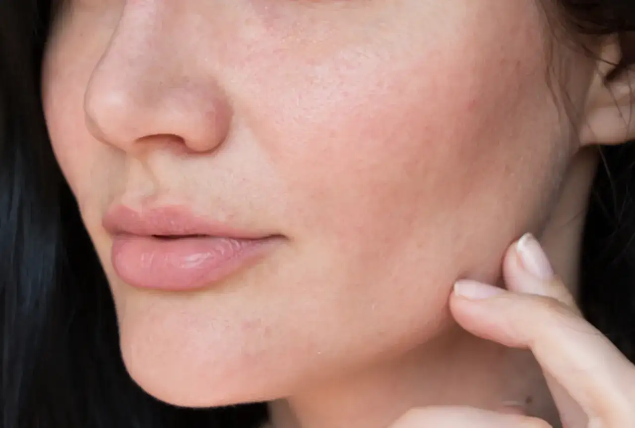 Nahaufnahme eines Gesichts mit Lippen und Wange. Ist Alcohol Denat gut oder schlecht für die Haut?