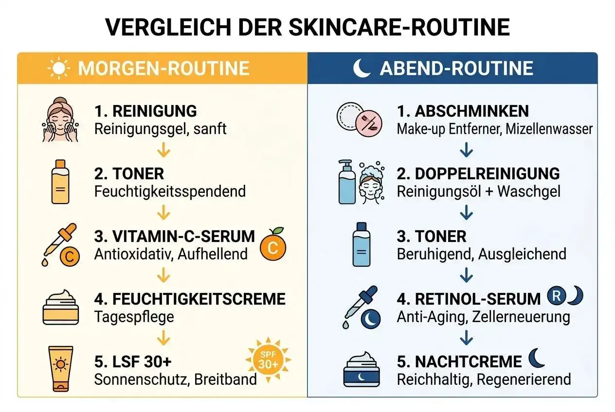 Vergleich von Morgen- und Abend-Gesichtspflege-Routine: Reinigung, Toner, Seren und Cremes für jeden Hauttyp.