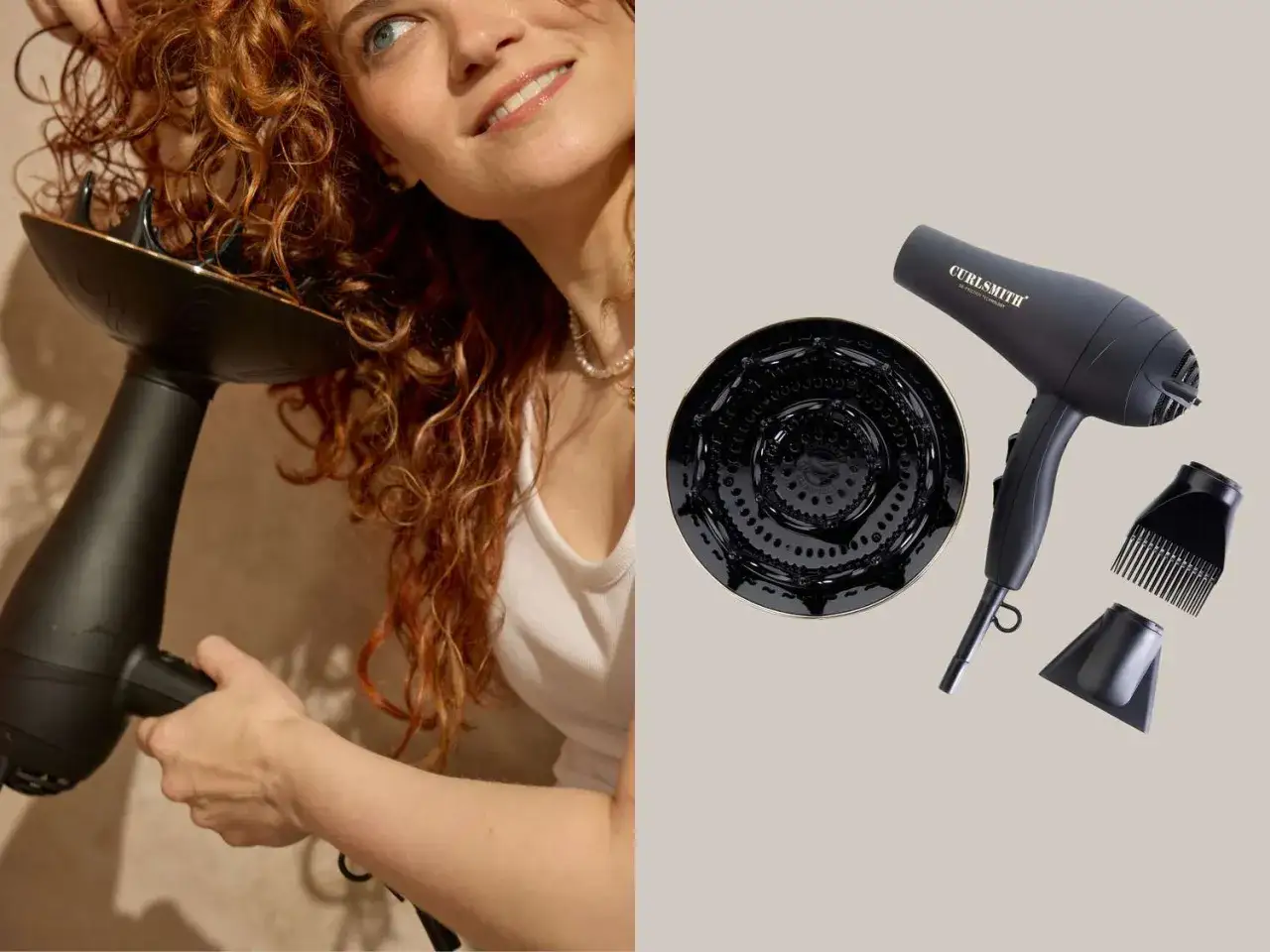 Frau trocknet ihre Dauerwelle mit einem Diffusor-F&ouml;hn. Perfekte Dauerwelle Pflege f&uuml;r definierte Locken.