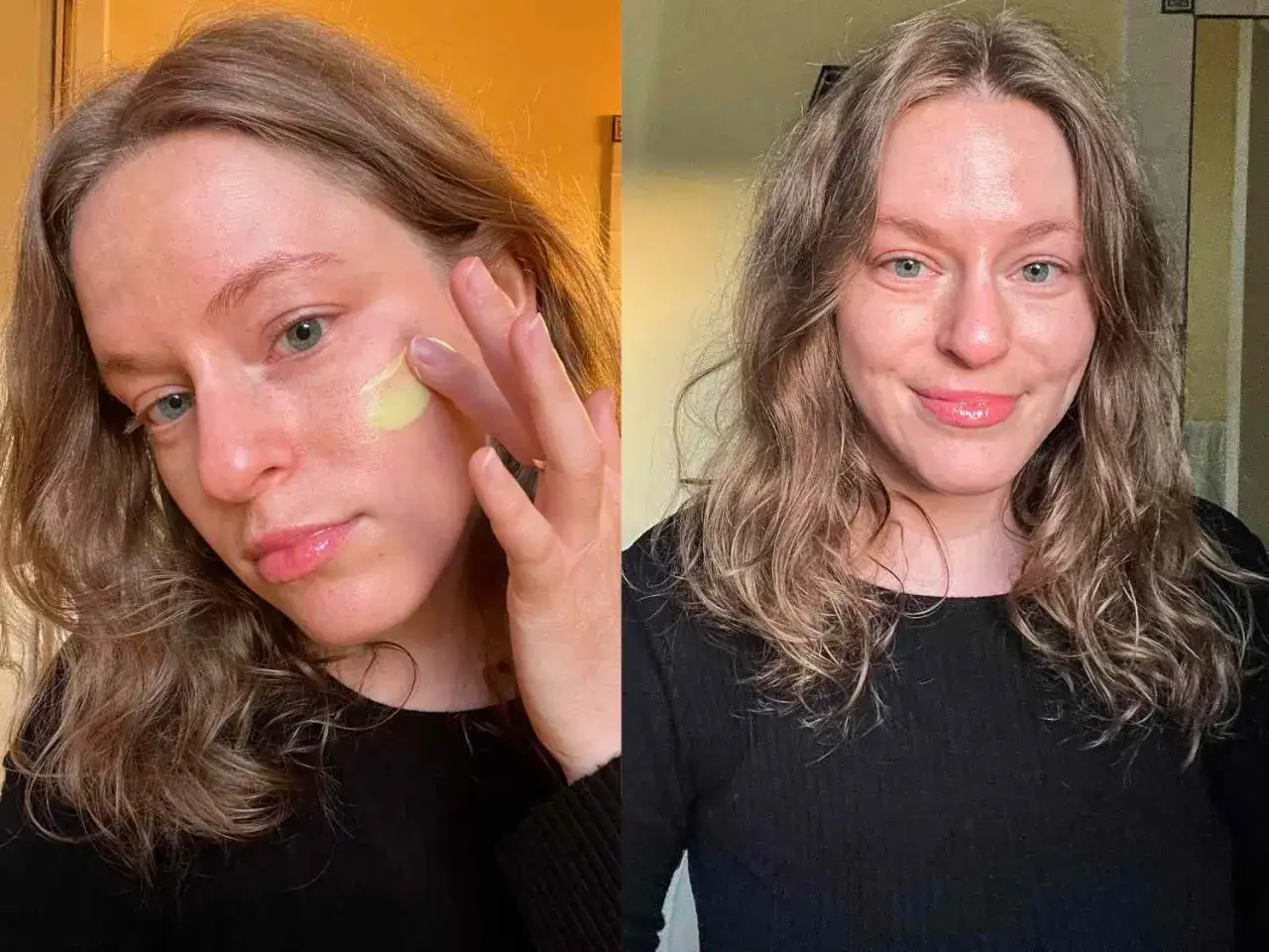 Frau trägt grüne Creme auf, um die Hautregeneration zu fördern. Rechts lächelt sie mit strahlender Haut.