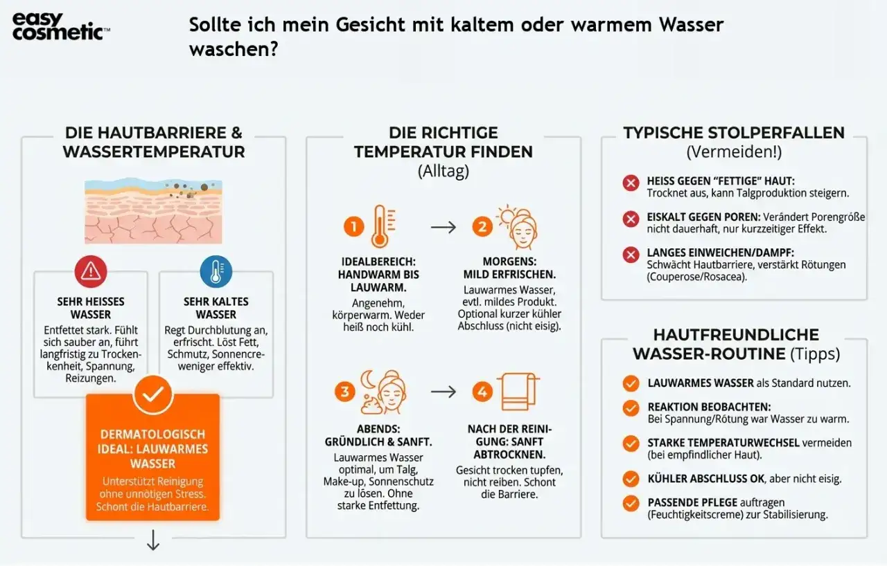 Lauwarmes Wasser ist ideal zum Gesicht reinigen. Es schont die Hautbarriere und unterst&uuml;tzt die Reinigung ohne Stress.