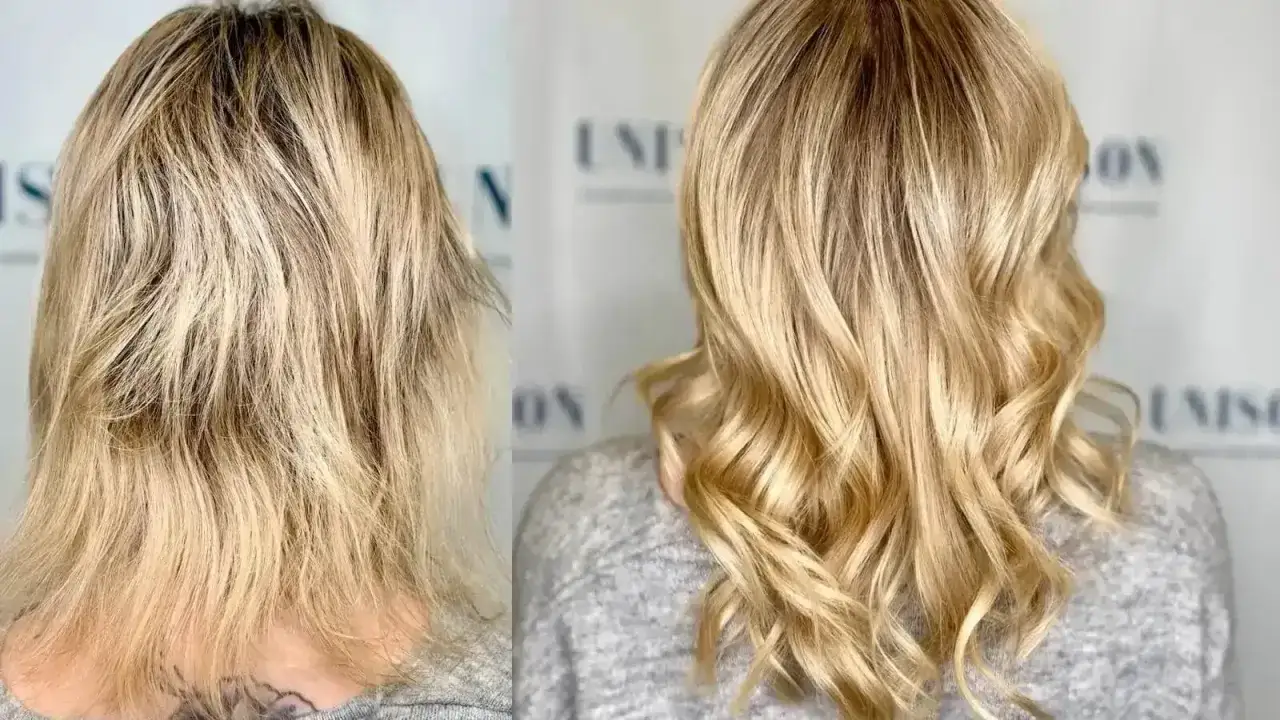 Vorher-Nachher-Vergleich: Stumpfes Haar wird durch Blondieren zu glänzenden, welligen blonden Haaren.