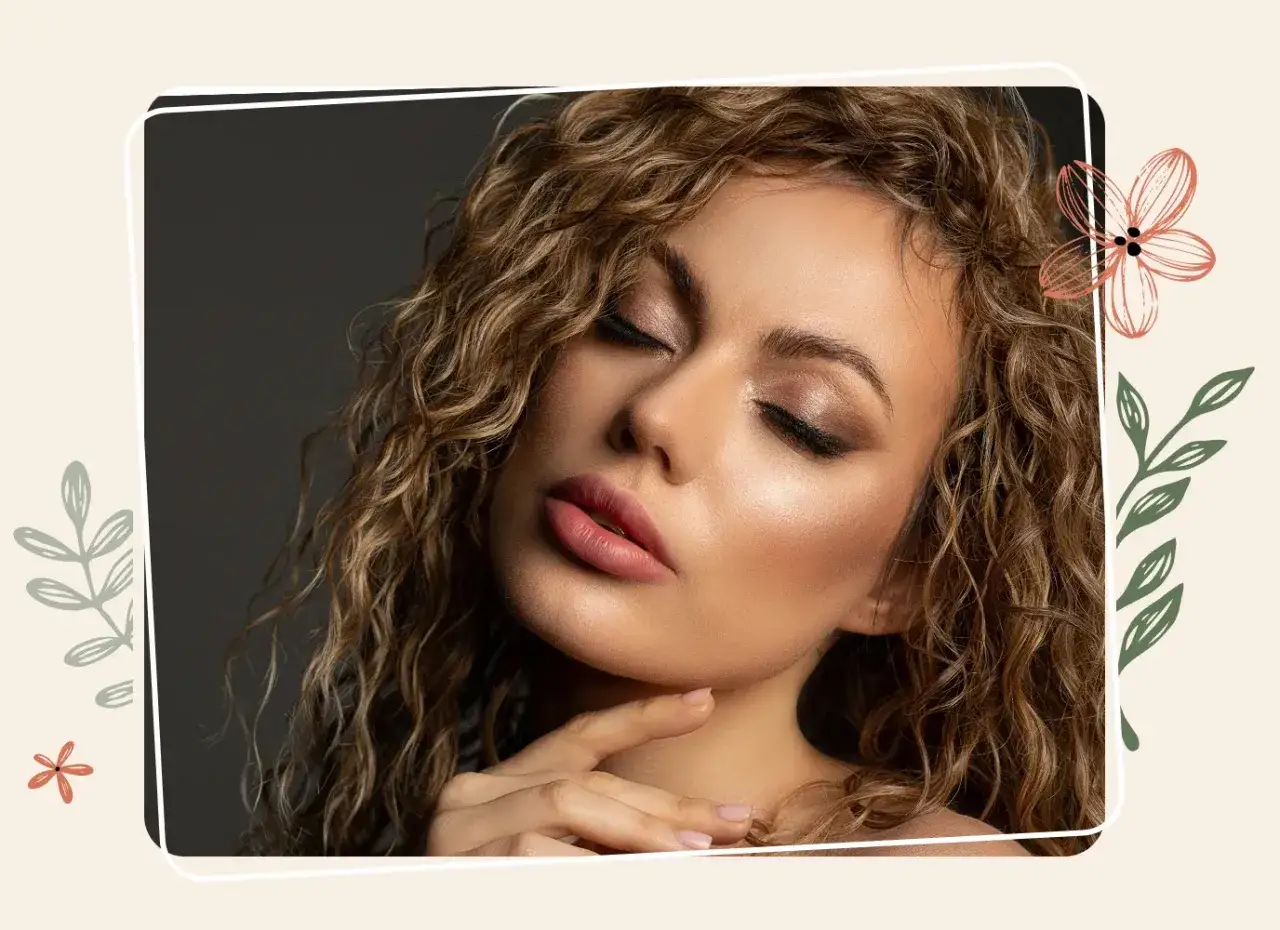 Ein bezaubernder Hochzeitsgast mit voluminösen Locken und einem glamourösen Make-up, das ihre Augen und Lippen betont.