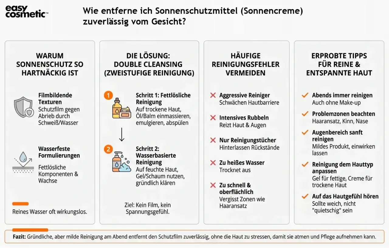 Sonnencreme muss man abwaschen. Die Grafik zeigt, warum Sonnenschutz hartnäckig ist und wie man ihn mit Double Cleansing entfernt.