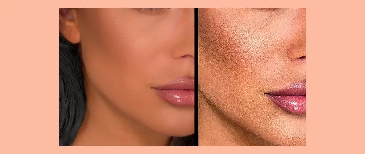 Vergleich von zwei Gesichtsseiten: links glatte Haut, rechts zeigt die Textur mit 