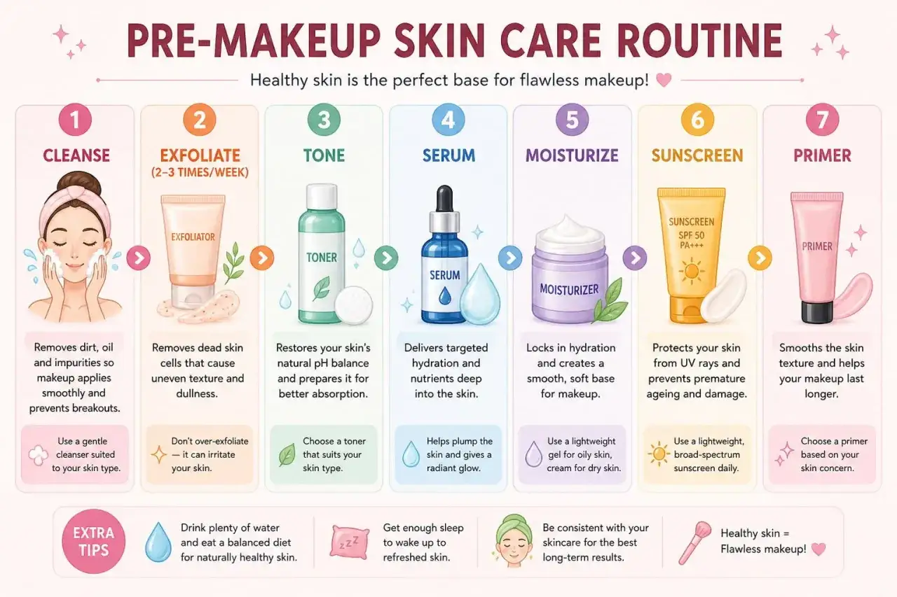 Schritte f&uuml;r eine makellose Haut: Reinigen, Peeling, Tonisieren, Serum, Feuchtigkeit, Sonnenschutz und Primer. Gesunde Haut ist die Basis f&uuml;r perfektes Make-up.
