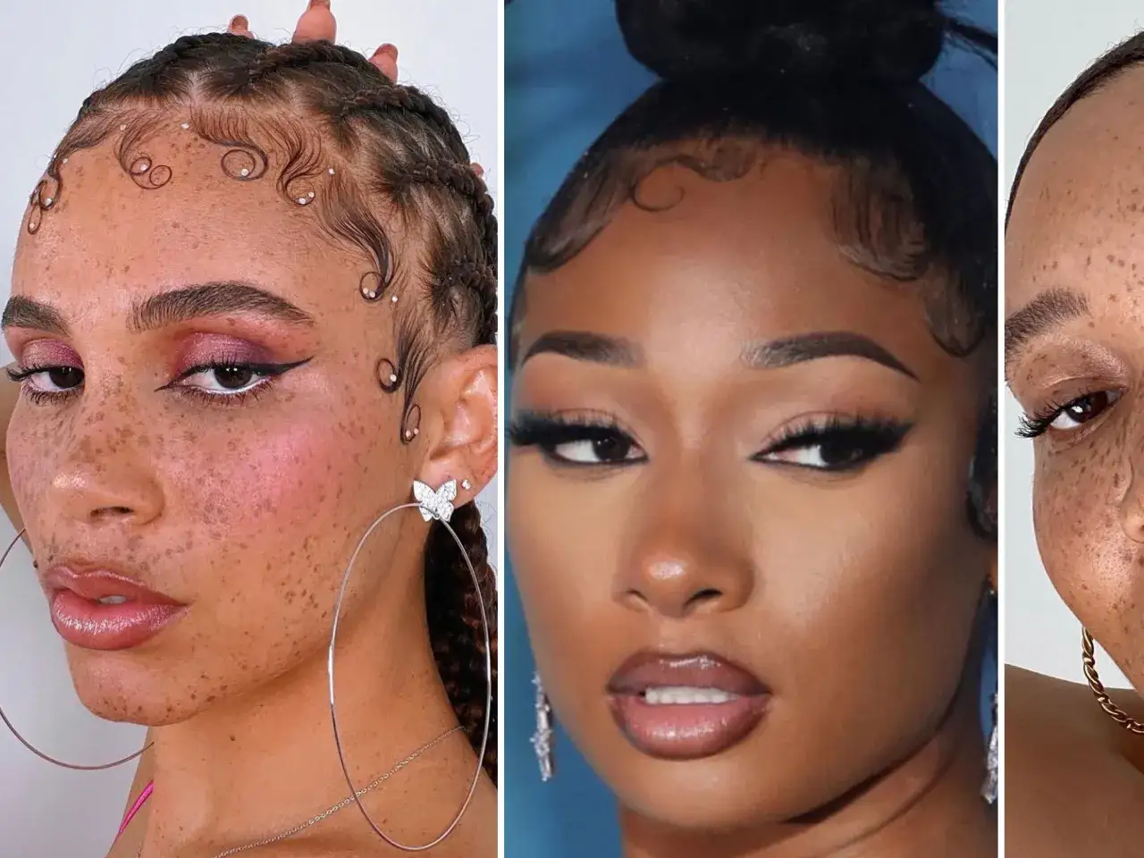 Styling babyhaare: Glitzernde Locken und kunstvolle Linien am Haaransatz. Drei Frauen präsentieren ihre Frisuren mit Fokus auf die vorderen Haarpartien.