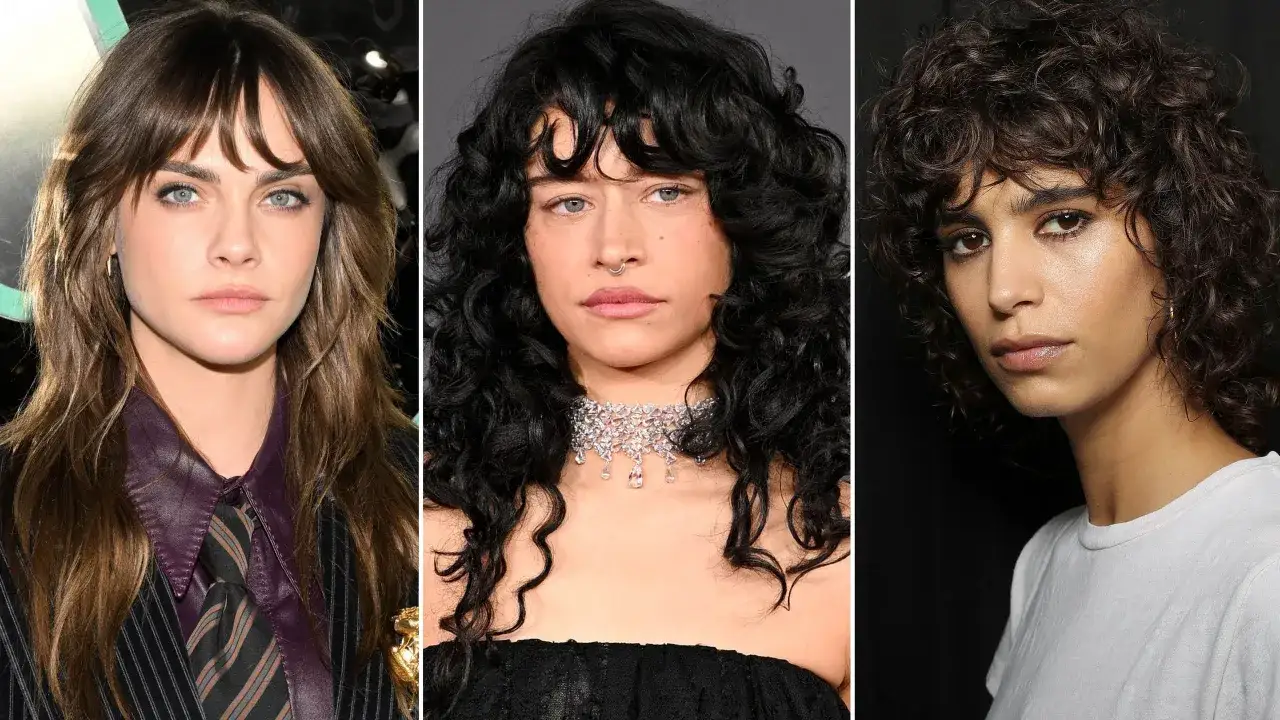 Drei Frauen mit unterschiedlichen Frisuren: ein schulterlanger Wolf Cut, volles schwarzes Haar und lockige braune Haare.
