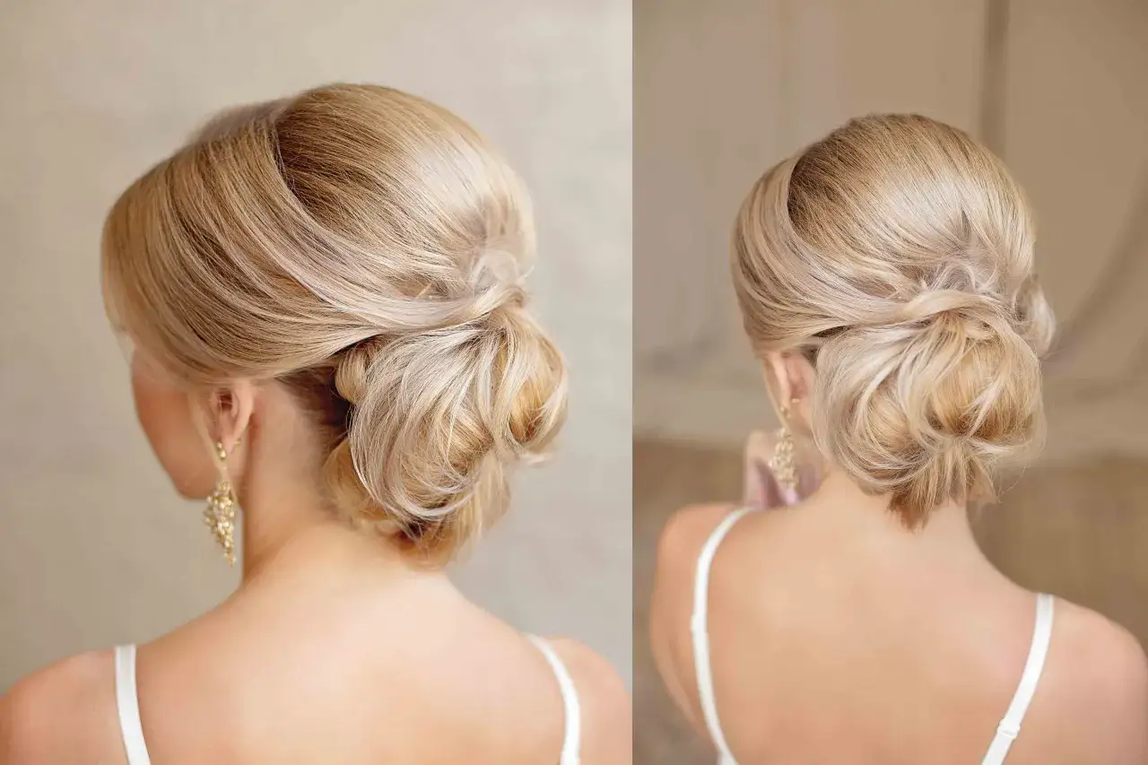 Zwei Ansichten einer eleganten, blonden Chignon Frisur. Der Dutt ist locker und romantisch gesteckt, mit sanften Wellen und Str&auml;hnen, die das Gesicht umspielen.